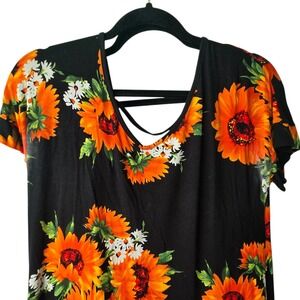 Sunflower Floral Print Maxi Dress Black Orange Short Sleeve Strappy Boho Small